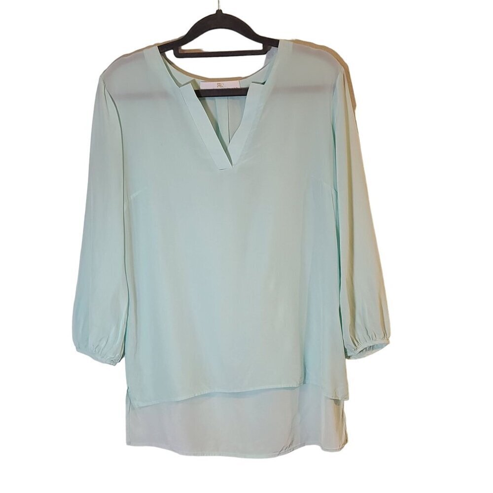 Amanda Uprichard Silk 3/4 Sleeve V-Neck Blouse Seafoam Green Blue Hi-Low Hem S